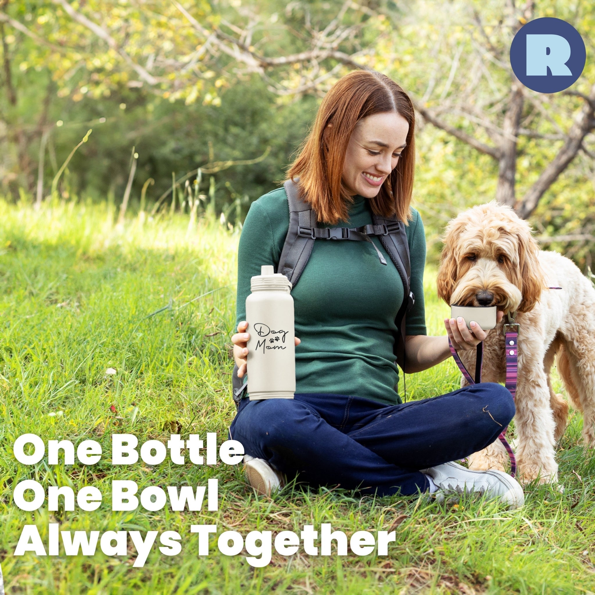 Woman with a dog in a park holding a water bottle and bowl, with text 'One Bottle One Bowl Always Together'.