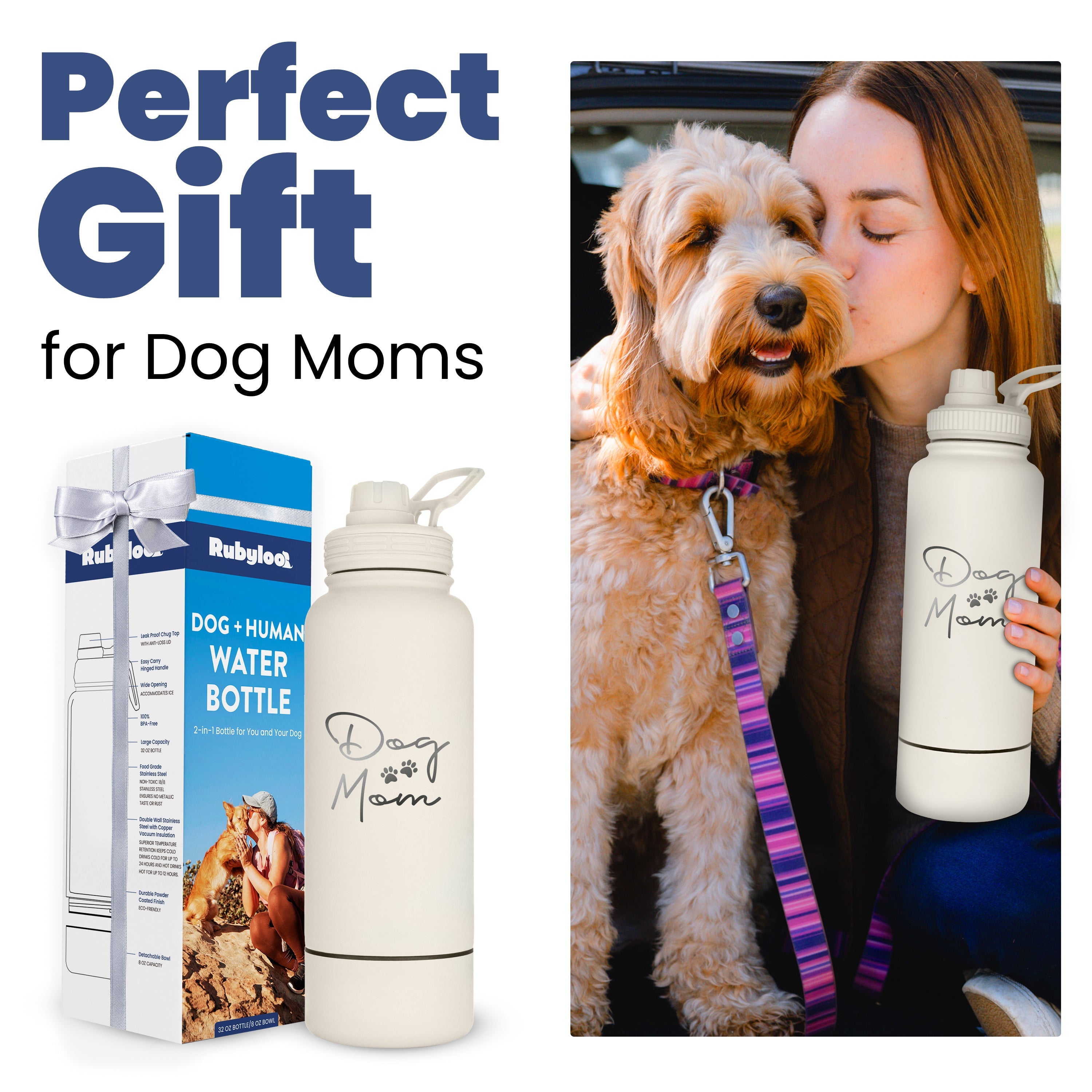 White water bottle with 'Dog Mom' text, packaging, and a woman kissing a dog holding a similar bottle.