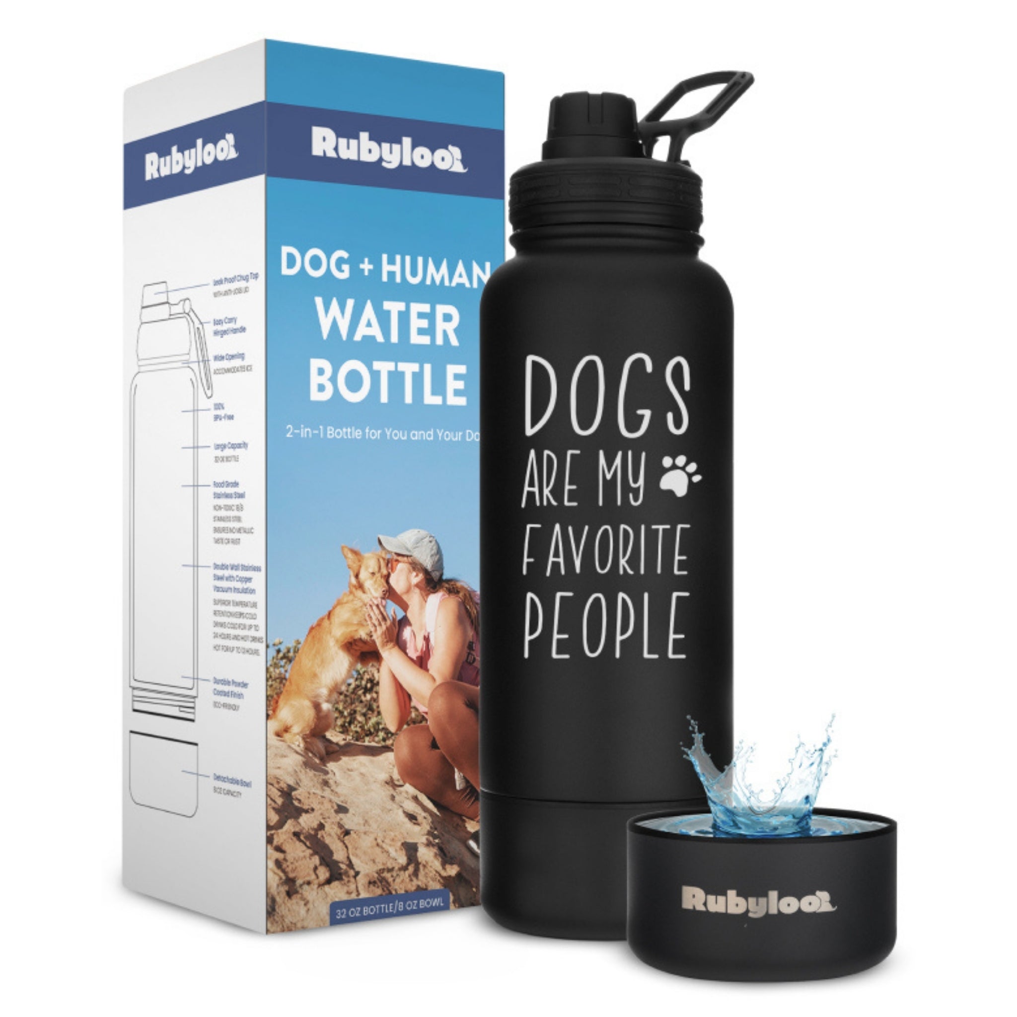 Black water bottle with 'DOGS ARE MY FAVORITE PEOPLE' text next to its packaging