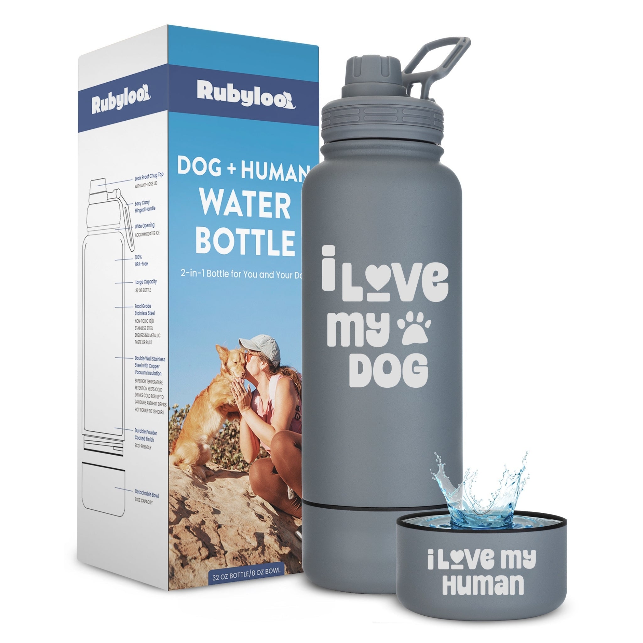 Gray water bottle with 'I Love My Dog' text, next to its packaging and a smaller 'I Love My Human' container.