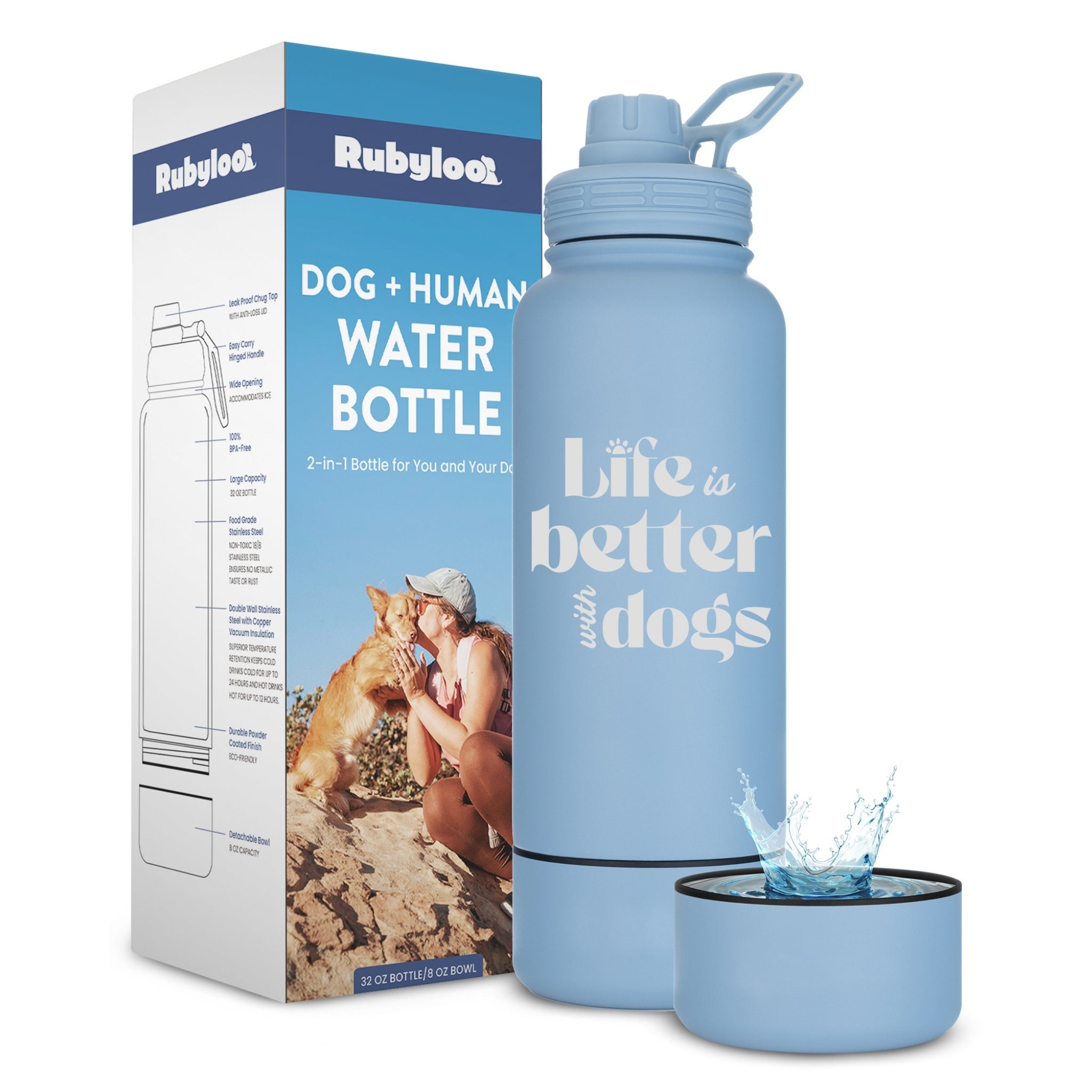 Blue water bottle with 'Life is better with dogs' text and packaging on a white background