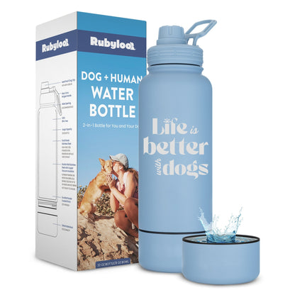 Blue water bottle with 'Life is better with dogs' text and packaging on a white background