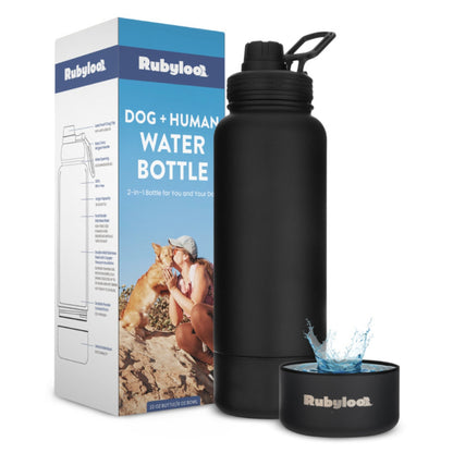 Black water bottle with Rubyloo branding next to its packaging on a white background