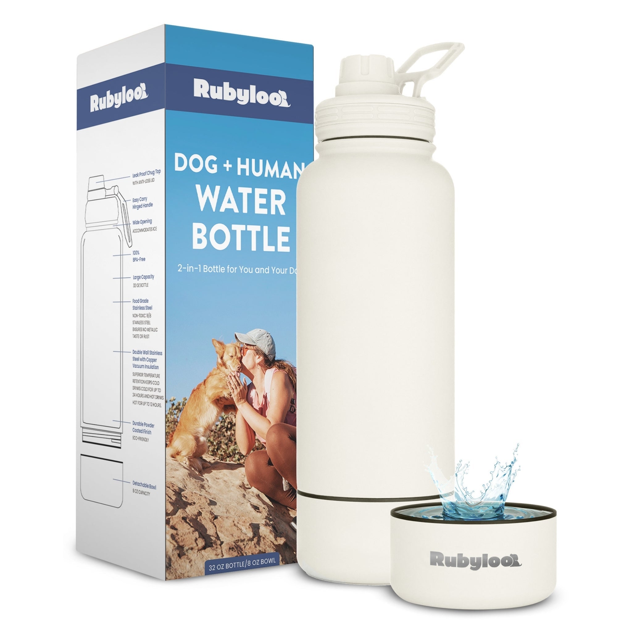 Rubyloo dog and human water bottle with packaging on a white background