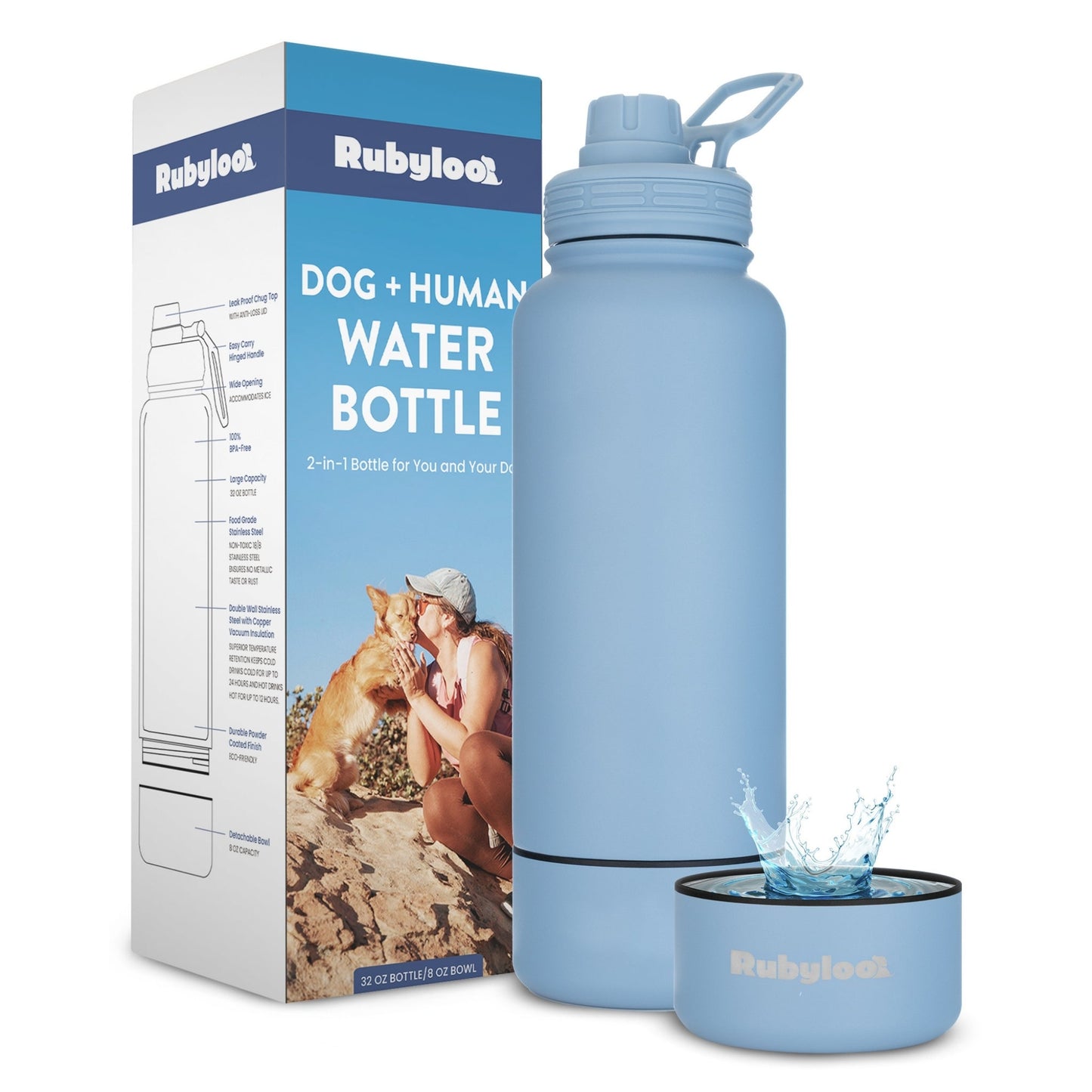Blue water bottle with Rubyloo branding next to its packaging on a white background