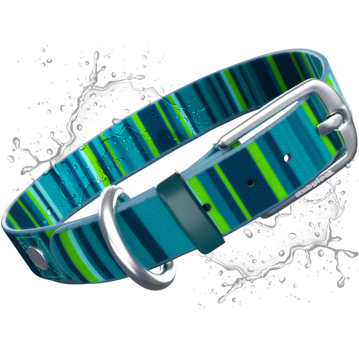 Blue and green striped dog collar with water splashes on a white background