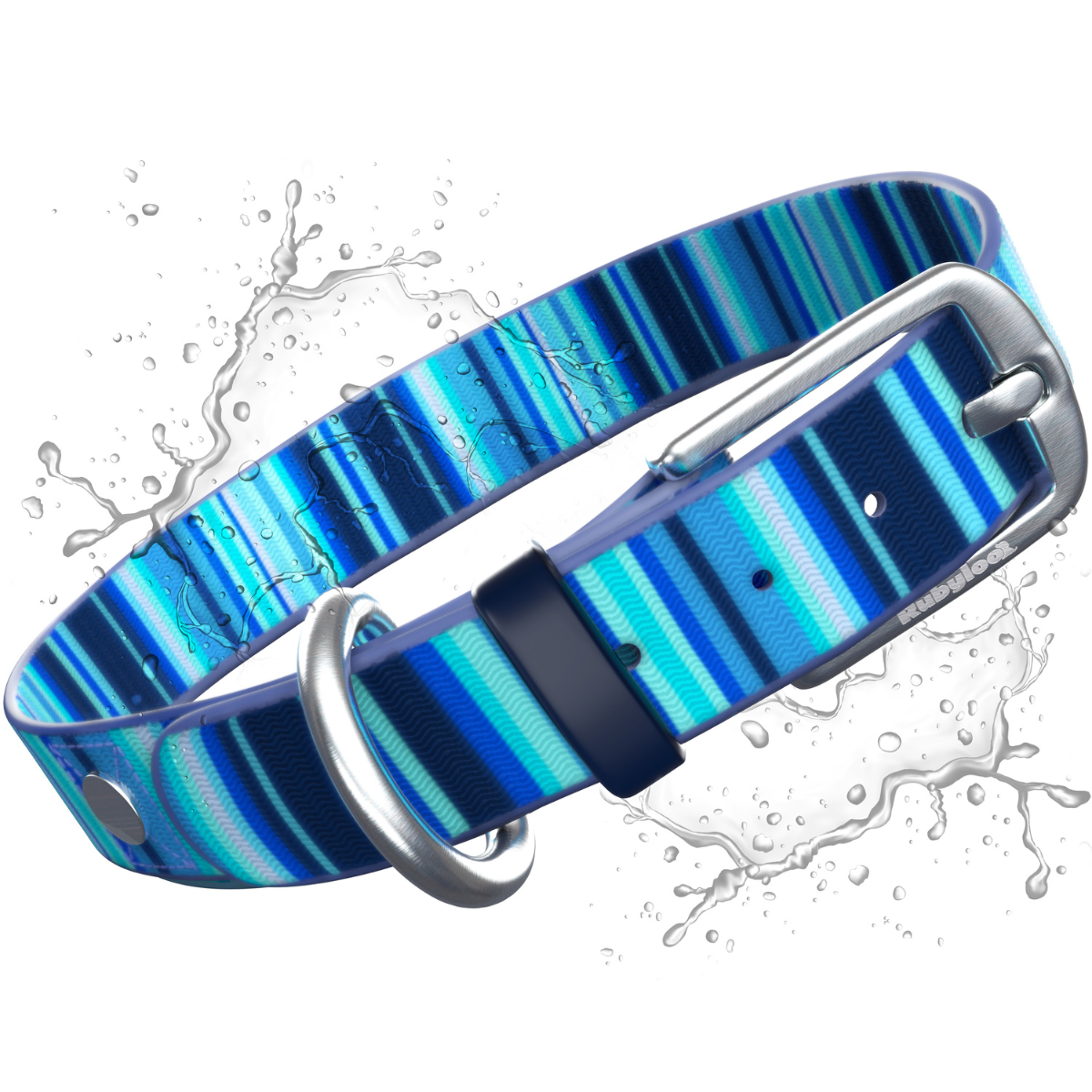 Blue striped dog collar with water droplets on a white background