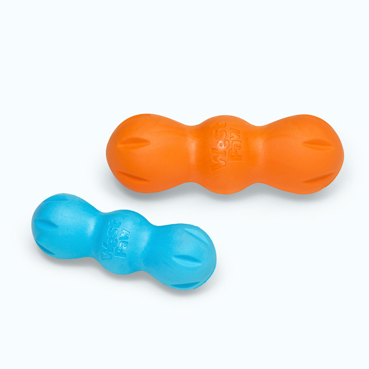 Two KONG dog toys, one orange and one blue, on a white background