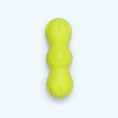 Yellow dog toy with 'Woof' branding on a light gray background