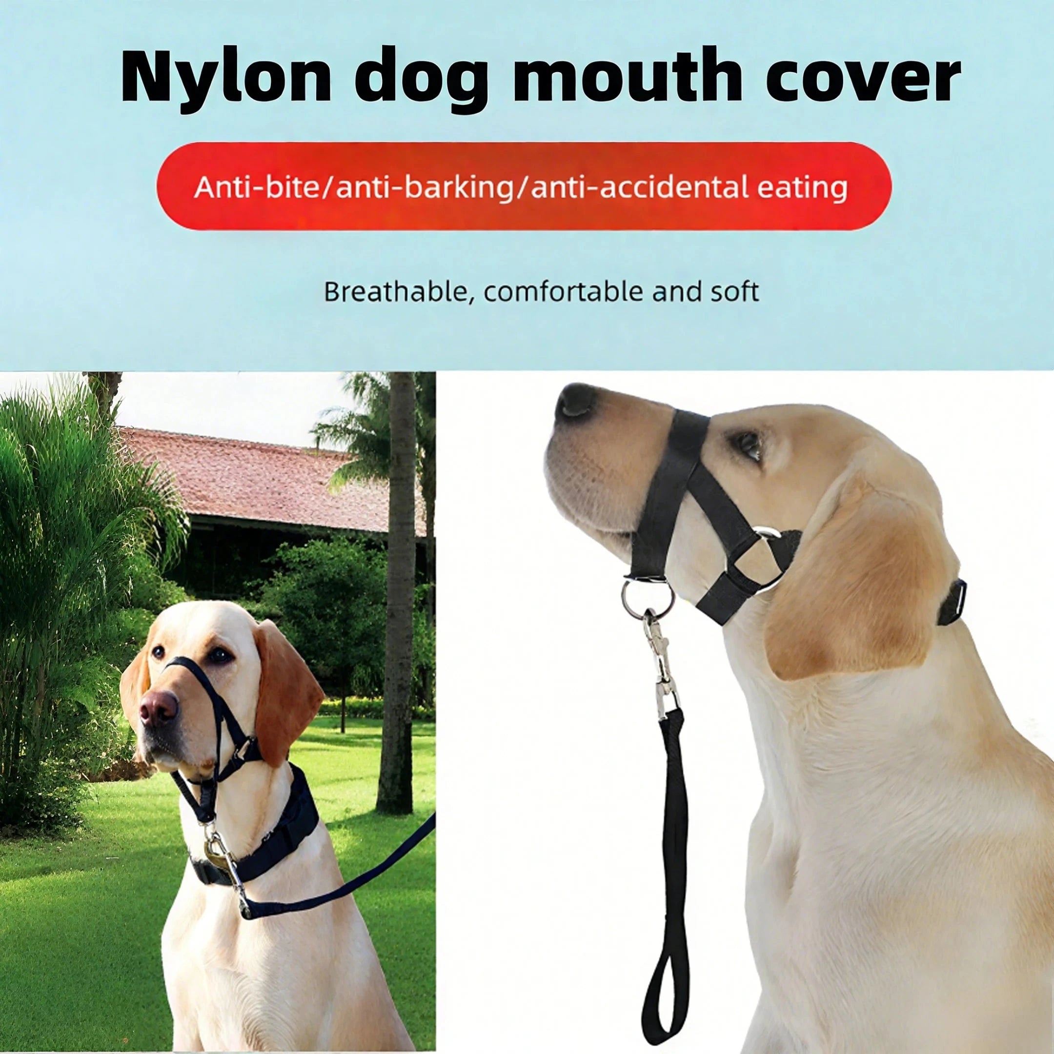 Adjustable Dog Muzzle Halter & Training Collar – Anti-Barking, Anti-Bite Nylon Harness Leash