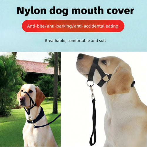Adjustable Dog Muzzle Halter & Training Collar – Anti-Barking, Anti-Bite Nylon Harness Leash