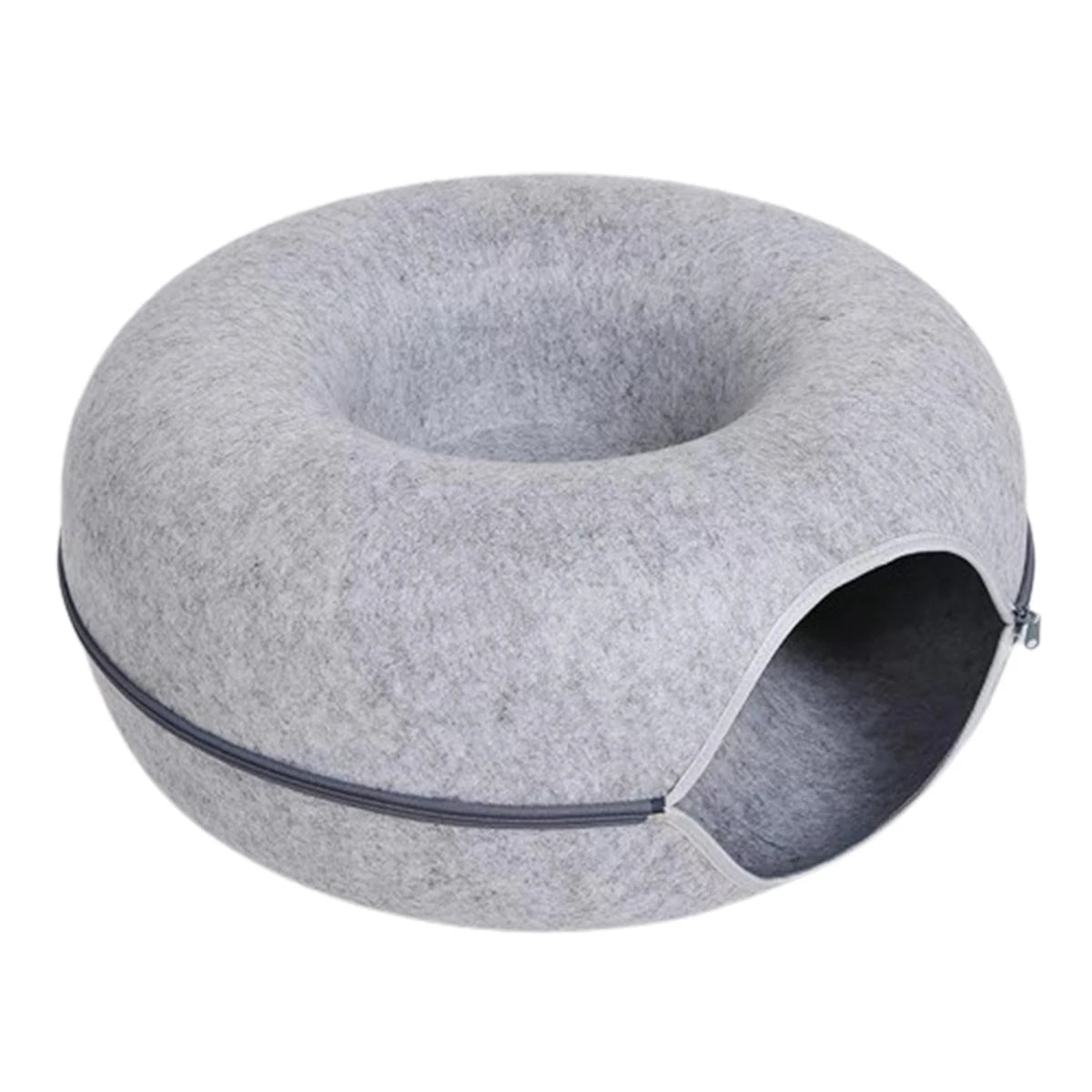 Gray donut-shaped pet bed on a white background