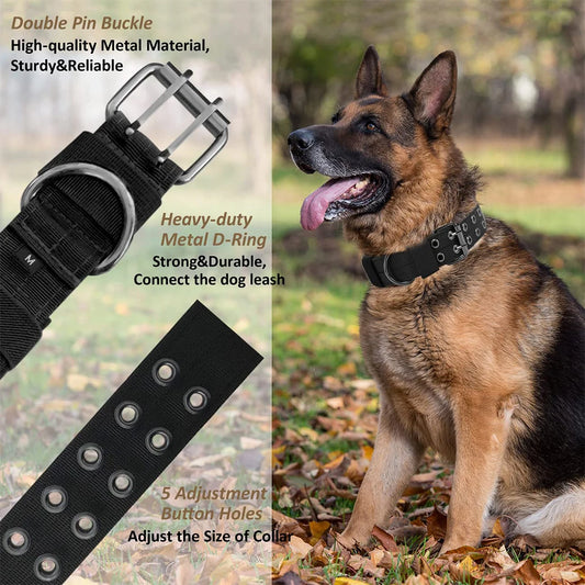 Dog collar with metal buckle and D-ring, featuring text on durability and design.