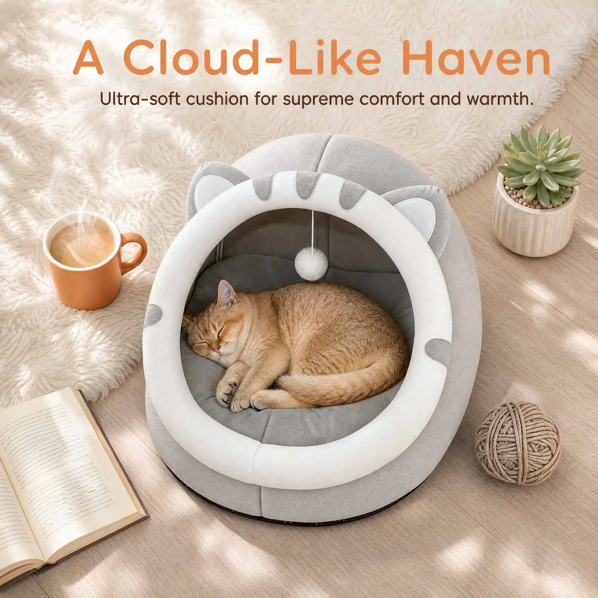 Cat lying in a cloud-like cushion with text describing its comfort and warmth.