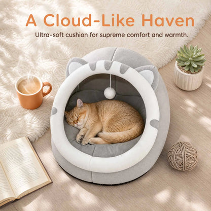 Cat lying in a cloud-like cushion with text describing its comfort and warmth.