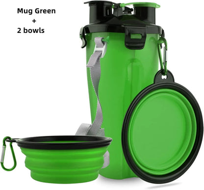 Green pet travel set with mug and two bowls on a white background