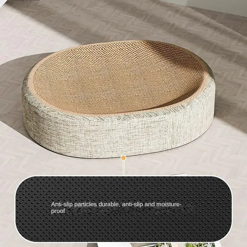 Round woven pet bed on a neutral background with anti-slip feature text overlay.