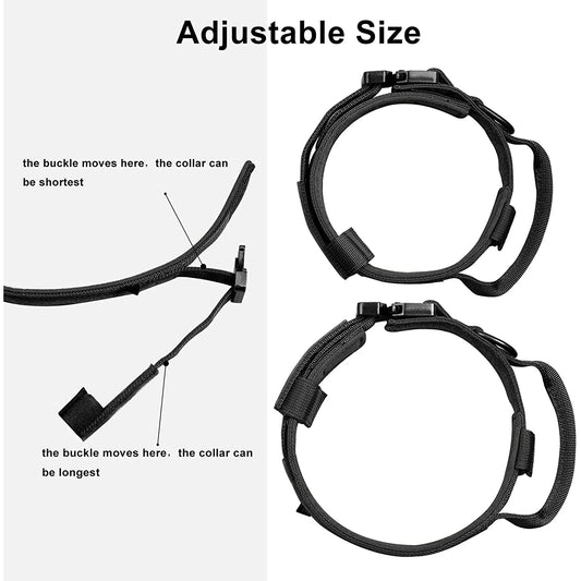Adjustable black dog collar with labeled buckles on a white background