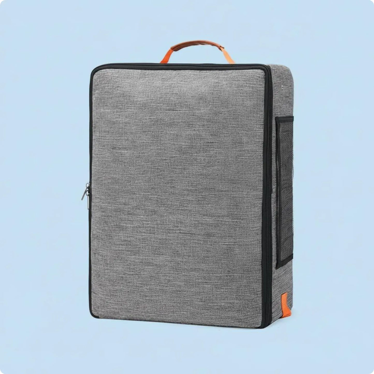 Gray backpack with orange accents on a light blue background