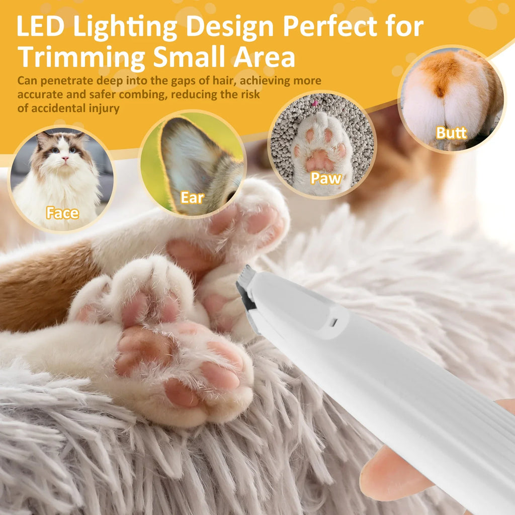 Pet Paw Trimmer with LED Light – Low Noise Cordless Grooming Tool