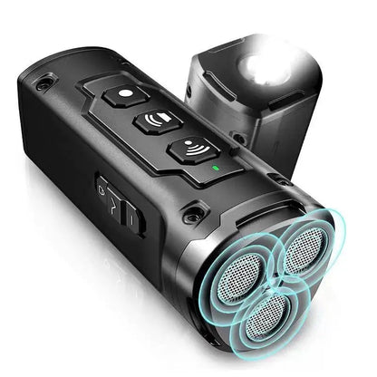 Black electronic device with buttons and a light on a white background