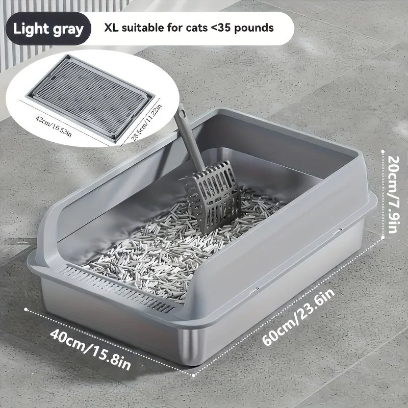 Gray cat litter box with dimensions and features on a concrete floor