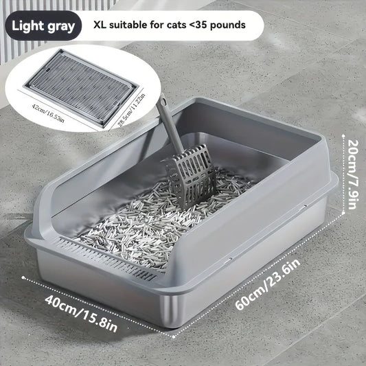 Gray cat litter box with dimensions and features on a concrete floor