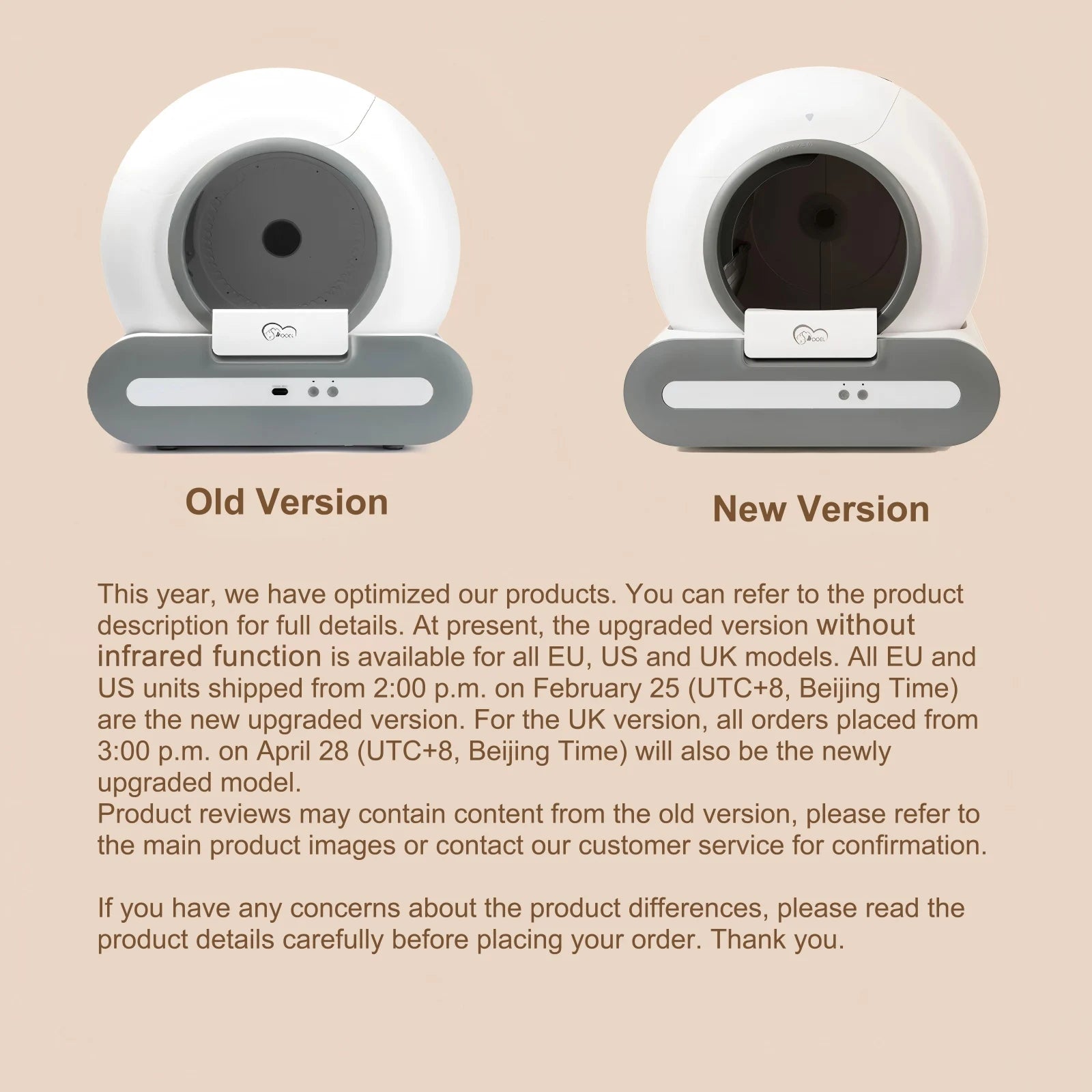 Comparison of old and new product versions with text on a beige background