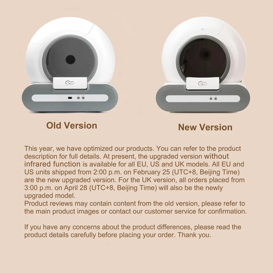 Comparison of old and new product versions with text on a beige background