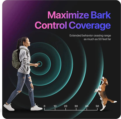 Person walking with a dog, demonstrating bark control coverage with concentric circles on a dark background.