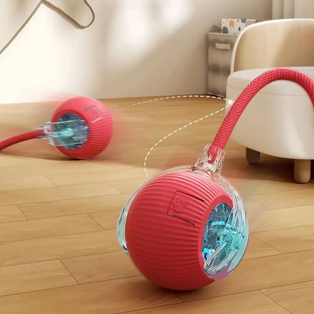 Red ball with a rope on a wooden floor, possibly a toy or pet product.
