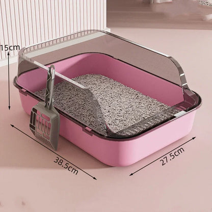 Pink cat litter box with dimensions labeled on a neutral background