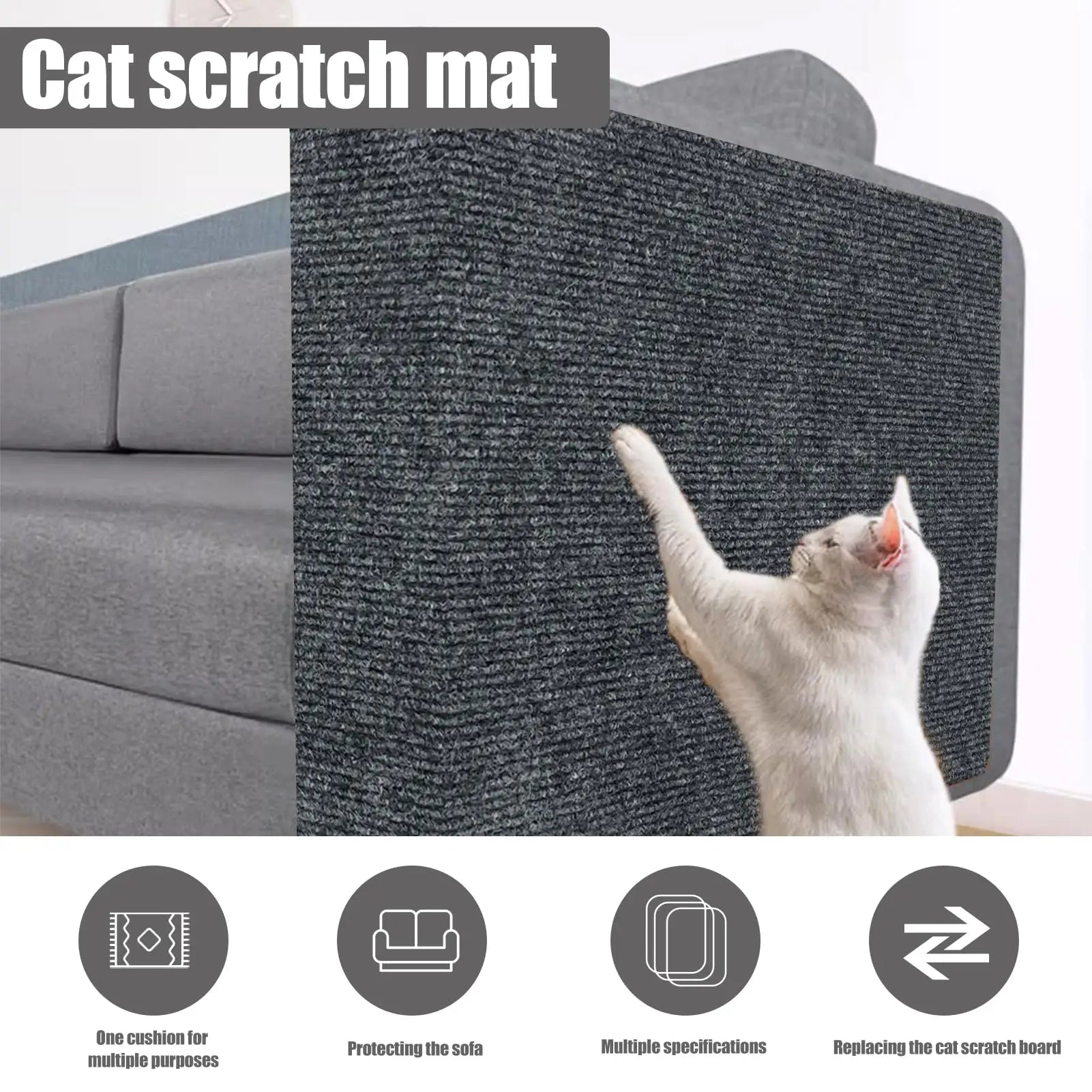 Cat scratch mat with a cat using it on a gray couch, featuring text and icons about the product.