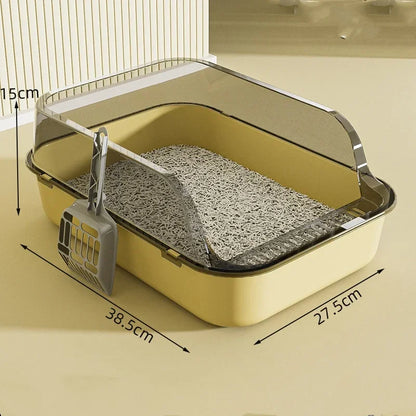 Cat litter box with dimensions labeled on a beige background