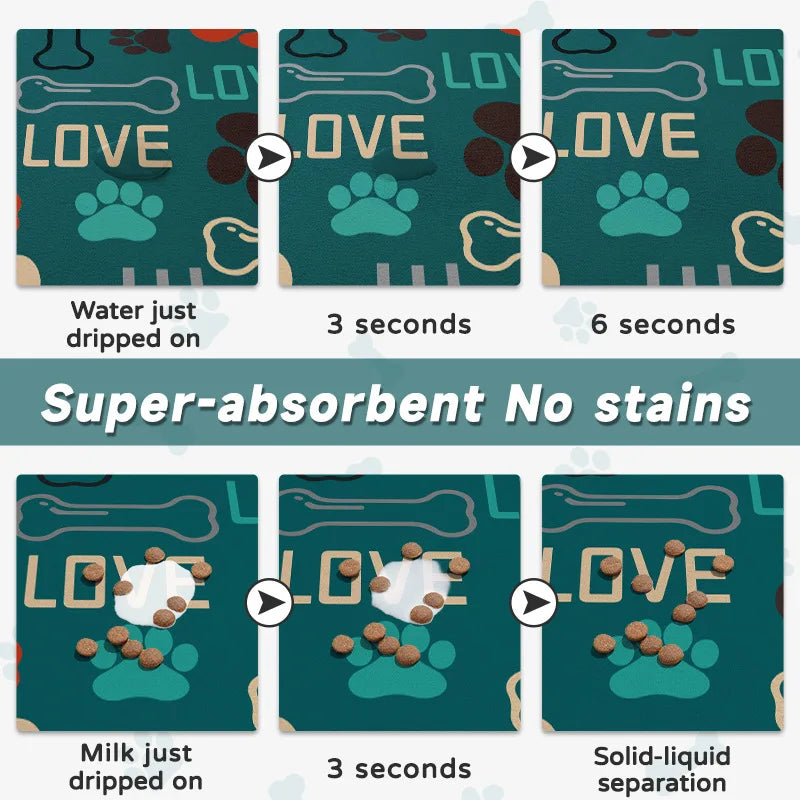 Demonstration of a super-absorbent mat with paw prints and bones, showing water, milk, and solid-liquid separation.