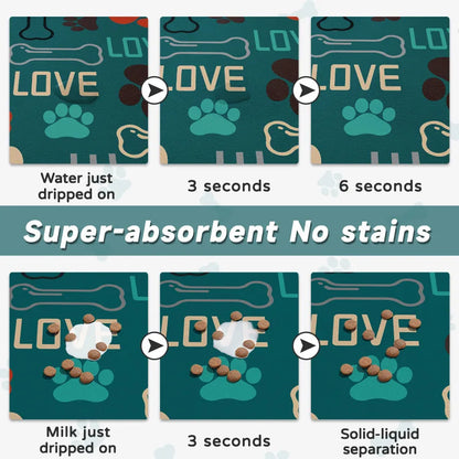 Demonstration of a super-absorbent mat with paw prints and bones, showing water, milk, and solid-liquid separation.