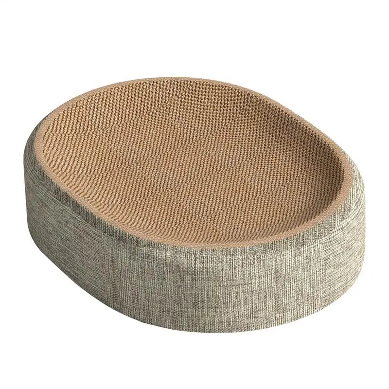Round cat scratcher with textured surface on a white background