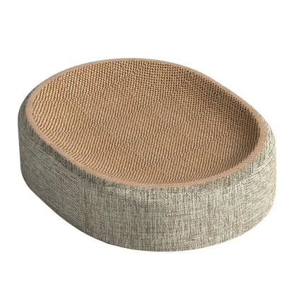 Round cat scratcher with textured surface on a white background
