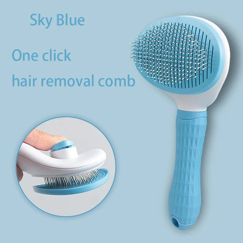 Sky blue hair removal comb with text on a light blue background