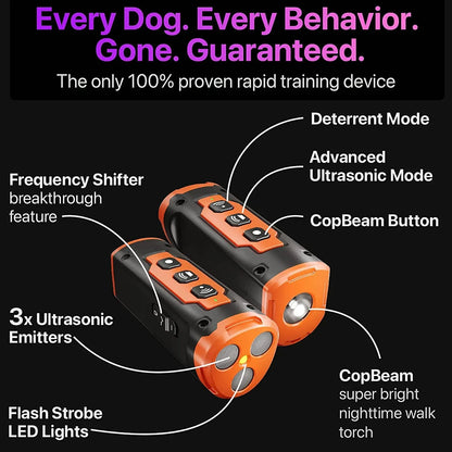 Two orange and black devices with features labeled on a black background