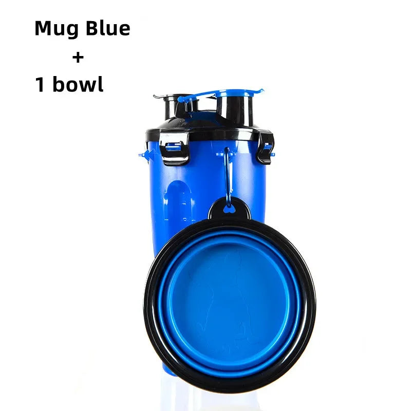 Blue pet travel mug and bowl set on a white background