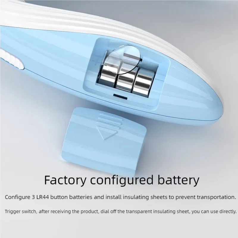 Blue electronic device with battery compartment on a light gray background