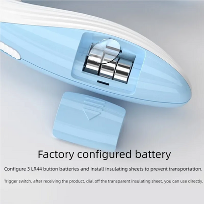 Blue electronic device with battery compartment on a light gray background