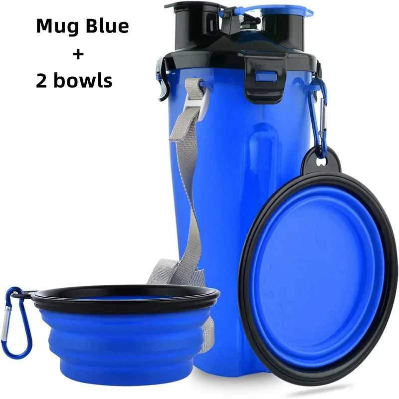 Blue pet travel set with mug and two bowls on a white background
