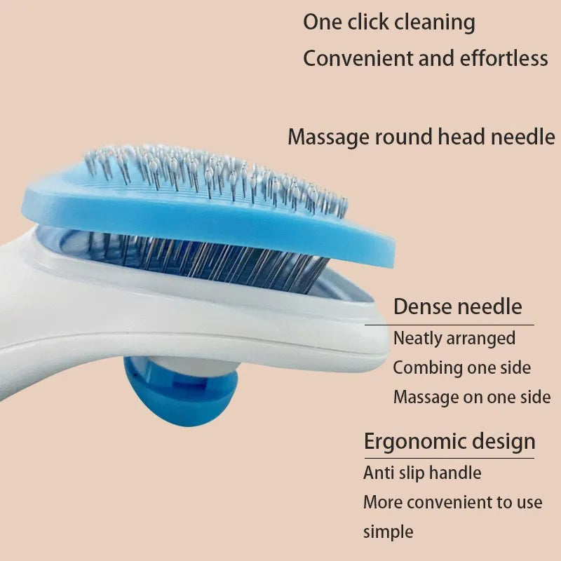 Grooming tool with massage head and text on a beige background