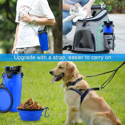 Collage of a pet carrier, water bottle, and dog on grass with text about an upgrade.