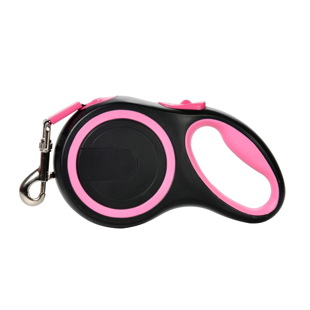 Black and pink retractable dog leash on a white background