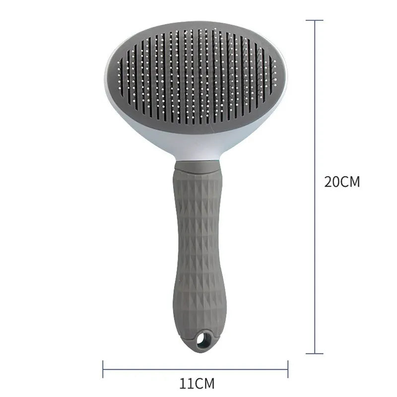 Gray pet grooming brush with measurements on a white background