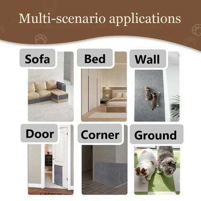 Collage of scenarios showing a pet product's application on sofa, bed, wall, door, corner, and ground.