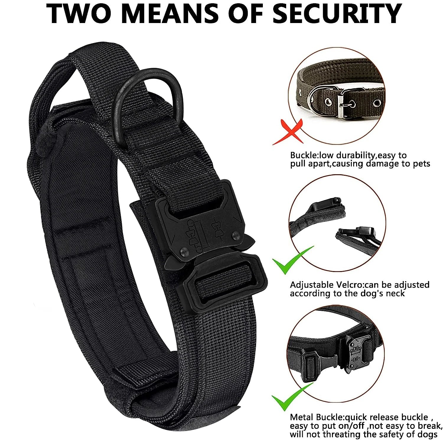 Black dog collar with adjustable Velcro and metal buckle, featuring text on durability and safety.